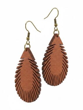 Wooden Teardrop Fringe Earrings - Brown